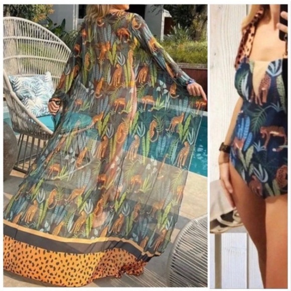 new Leopardess Swim Set Small one-piece swimsuit + cover-up resort-wrap / robe - Picture 16 of 16